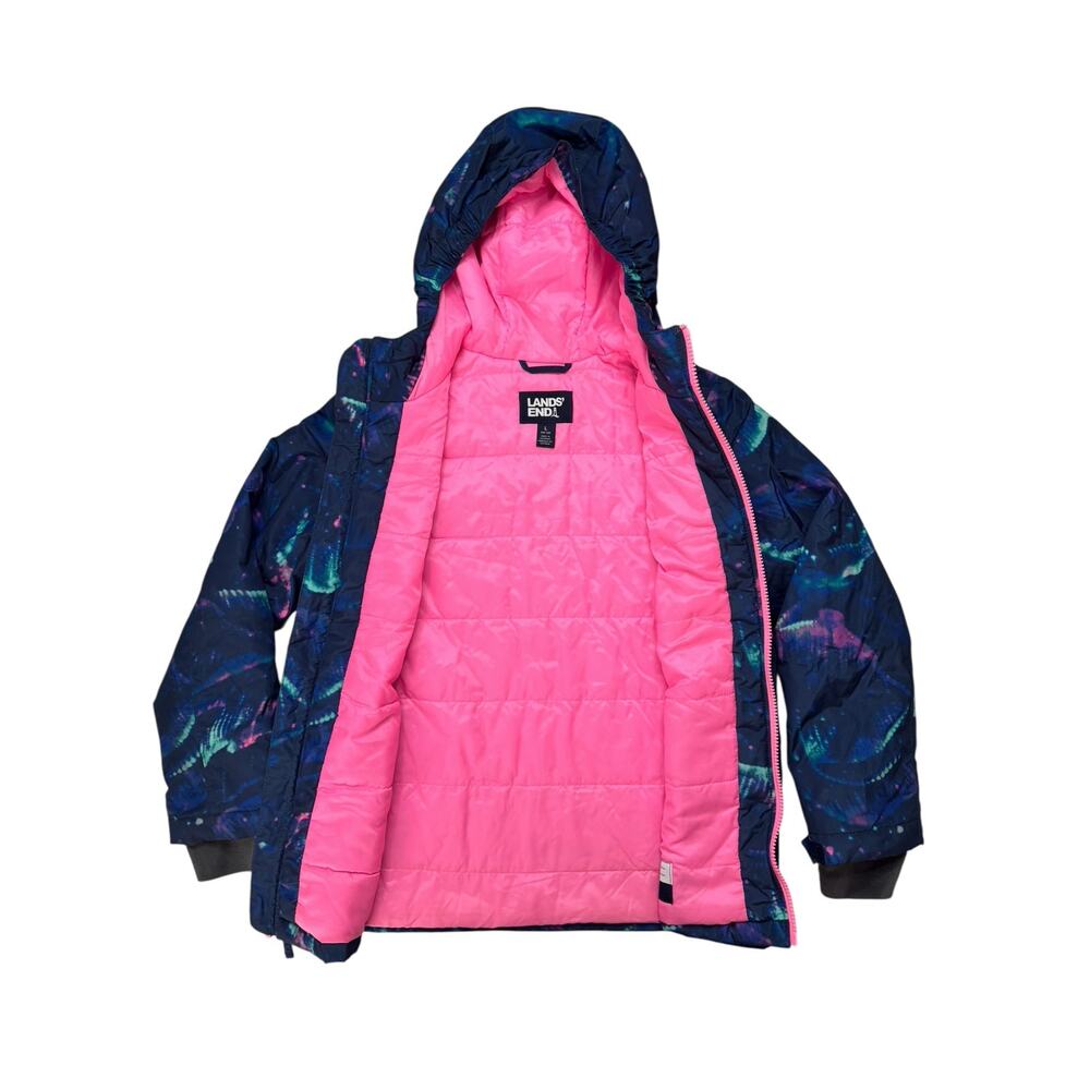 LANDS END Splash Colorful Hooded Insulated Jacket Sz Large 10-12 Husky Blue Pink - Picture 2 of 5